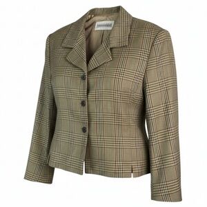 VINTAGE 90s Silk Wool Tan Mix Houndstooth Plaid Structured Boxy Crop Blazer 10P